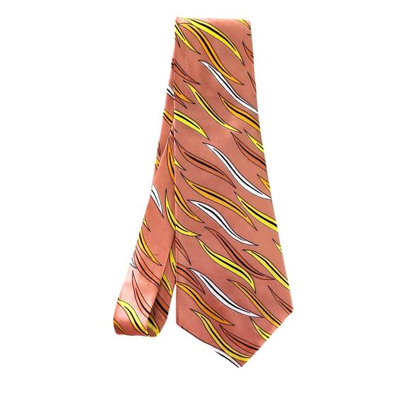 Vintage 1960s Wide Tie Retro Orange Yellow Brown Abstract Print Necktie - Picture 1 of 6